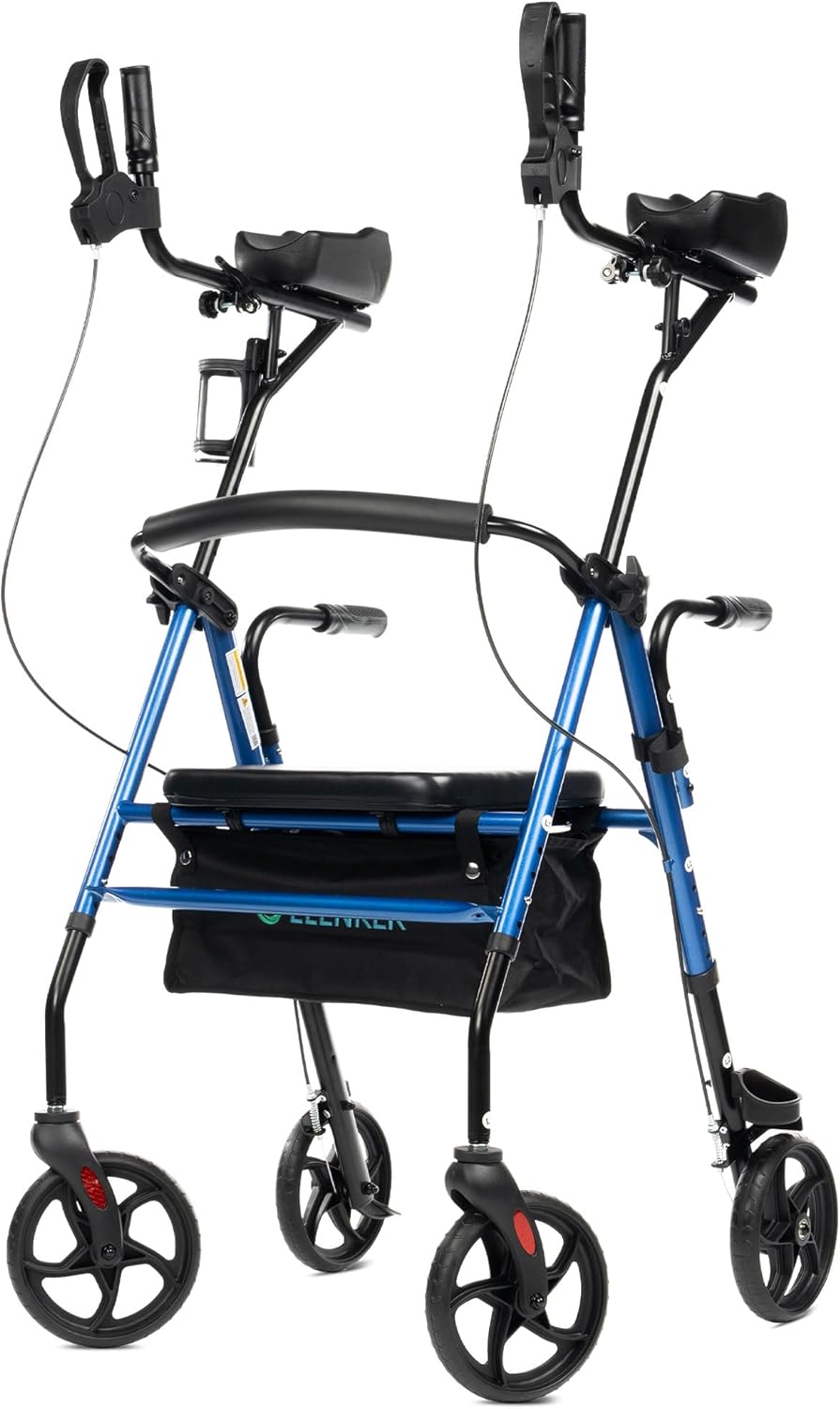 ELENKER Upright Walker, Stand Up Rollator Walker with Padded Seat and Backrest, Lightweight, Compact Folding, Fully Adjustment Frame for Seniors, Blue