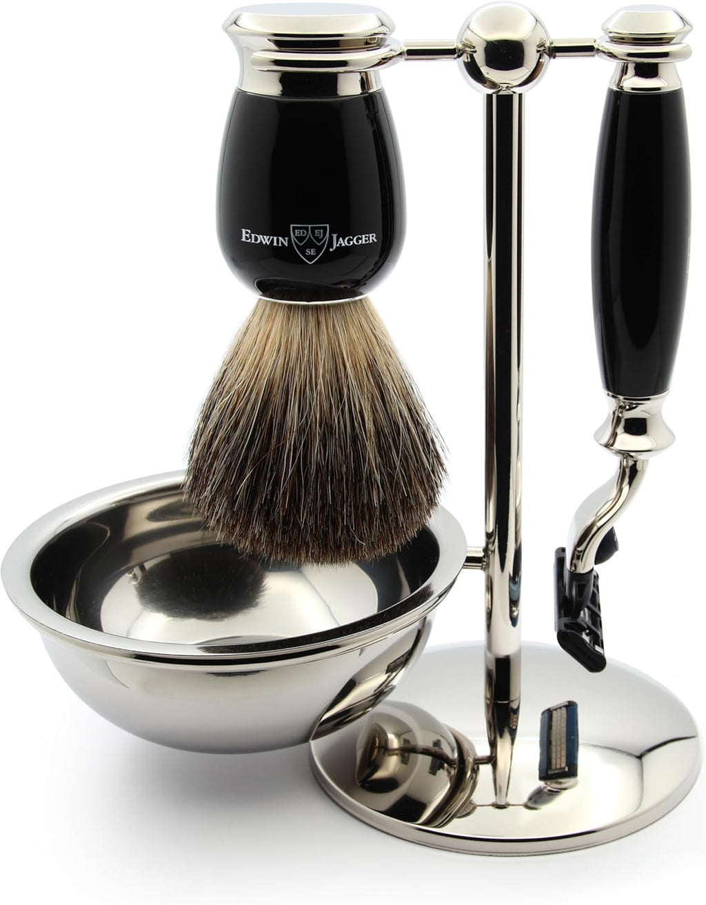Edwin Jagger S81M586BAMZ Imitation Ebony & Nickel Classic Shaving Set with Pure Badger Shaving Brush, Mach 3 Razor and Shaving Bowl for Shaving Cream or Soap for Men and Women