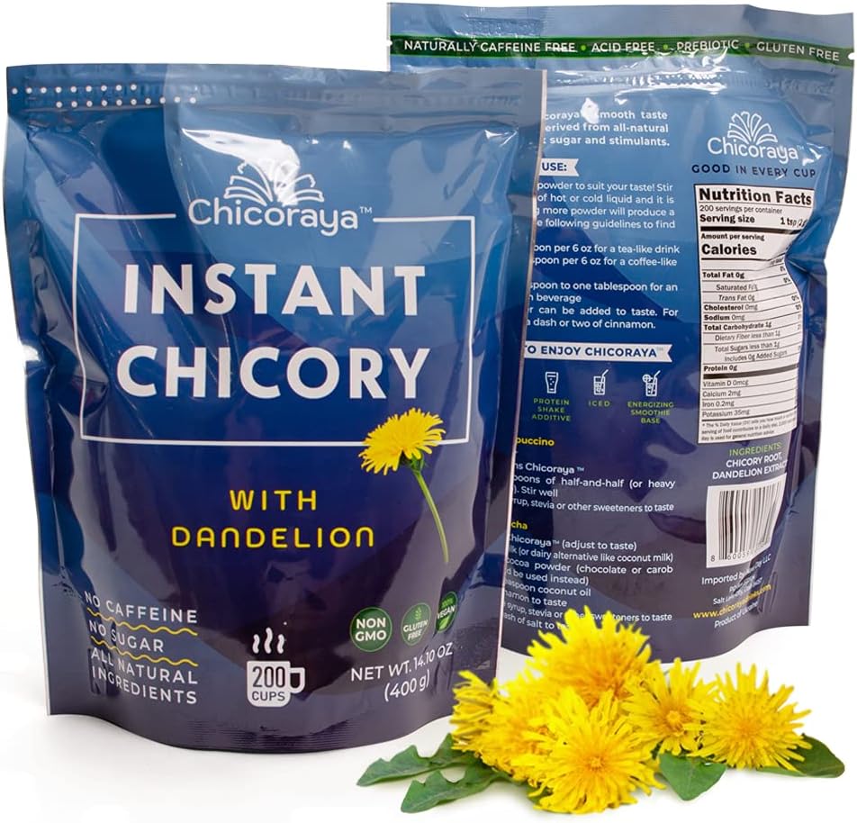 CHICORAYA Instant Chicory Coffee - Best for Decaf and Diet - Keto & Vegan Beverage Blend - Coffeine-Free Cofee Substitute Alternative - Roasted Root Powder, No Sugar (Dandelion, 14.1 oz)