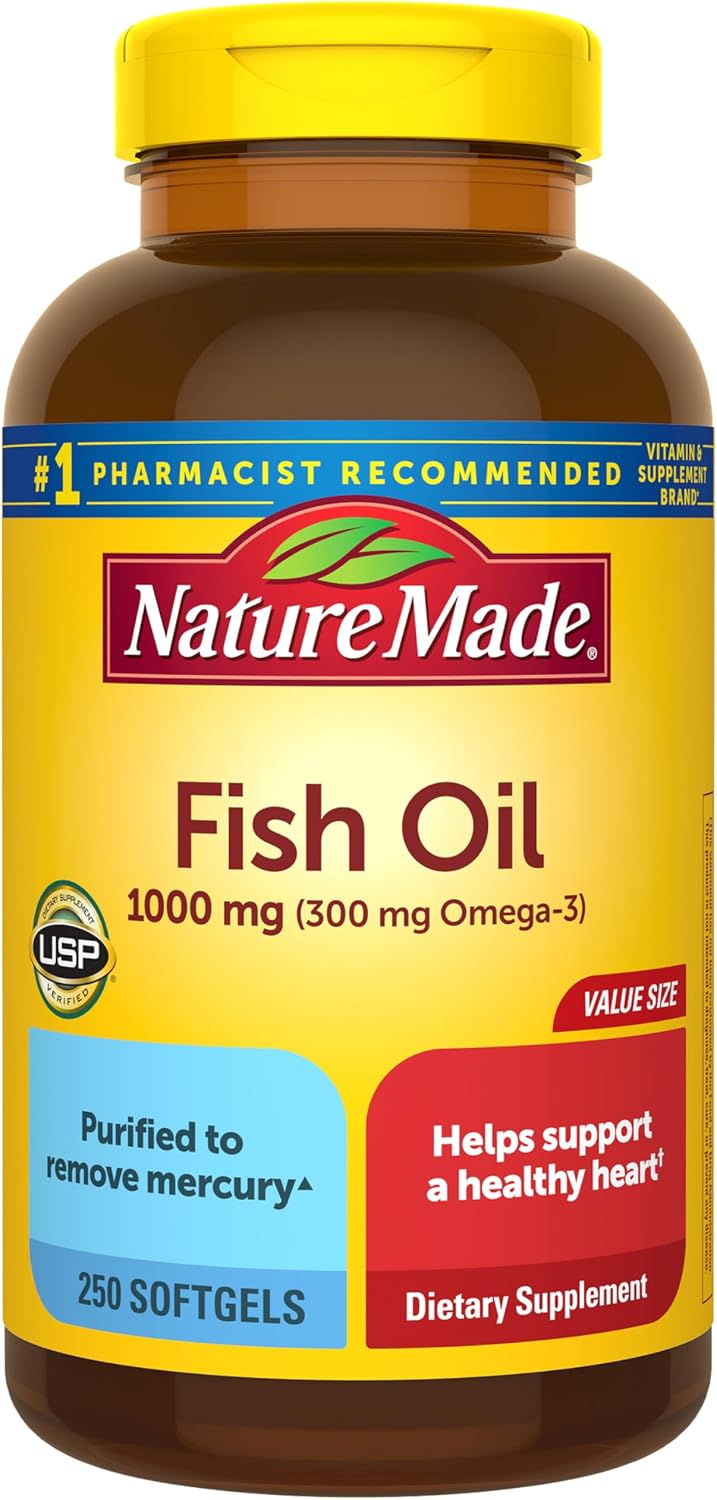 Nature Made Fish Oil Omega 3 Supplements, 1000mg Softgels, Omega 3 Fish Oil for Healthy Heart Support, 250 Softgels, 125 Day Supply