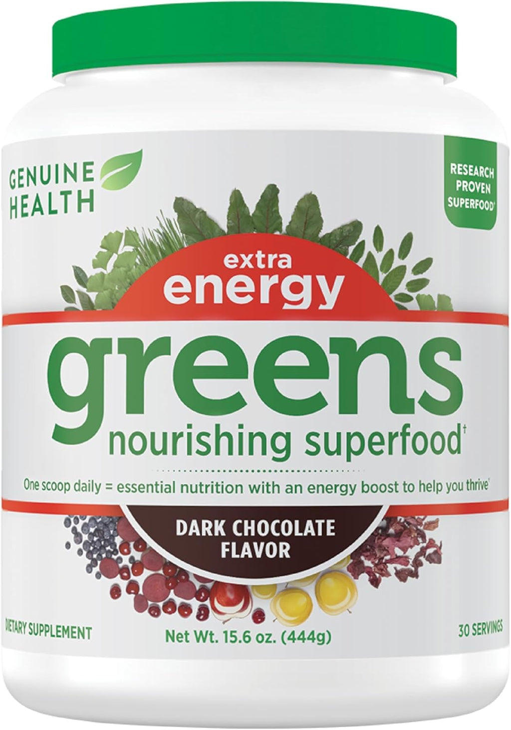 Genuine Health Greens + Extra Energy Superfood Powder, Provides an Immediate Energy Boost & Supports Gut Health, Dark Chocolate Flavor, 30 Servings