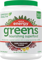 Genuine Health Greens + Extra Energy Superfood Powder, Provides an Immediate Energy Boost & Supports Gut Health, Dark Chocolate Flavor, 30 Servings