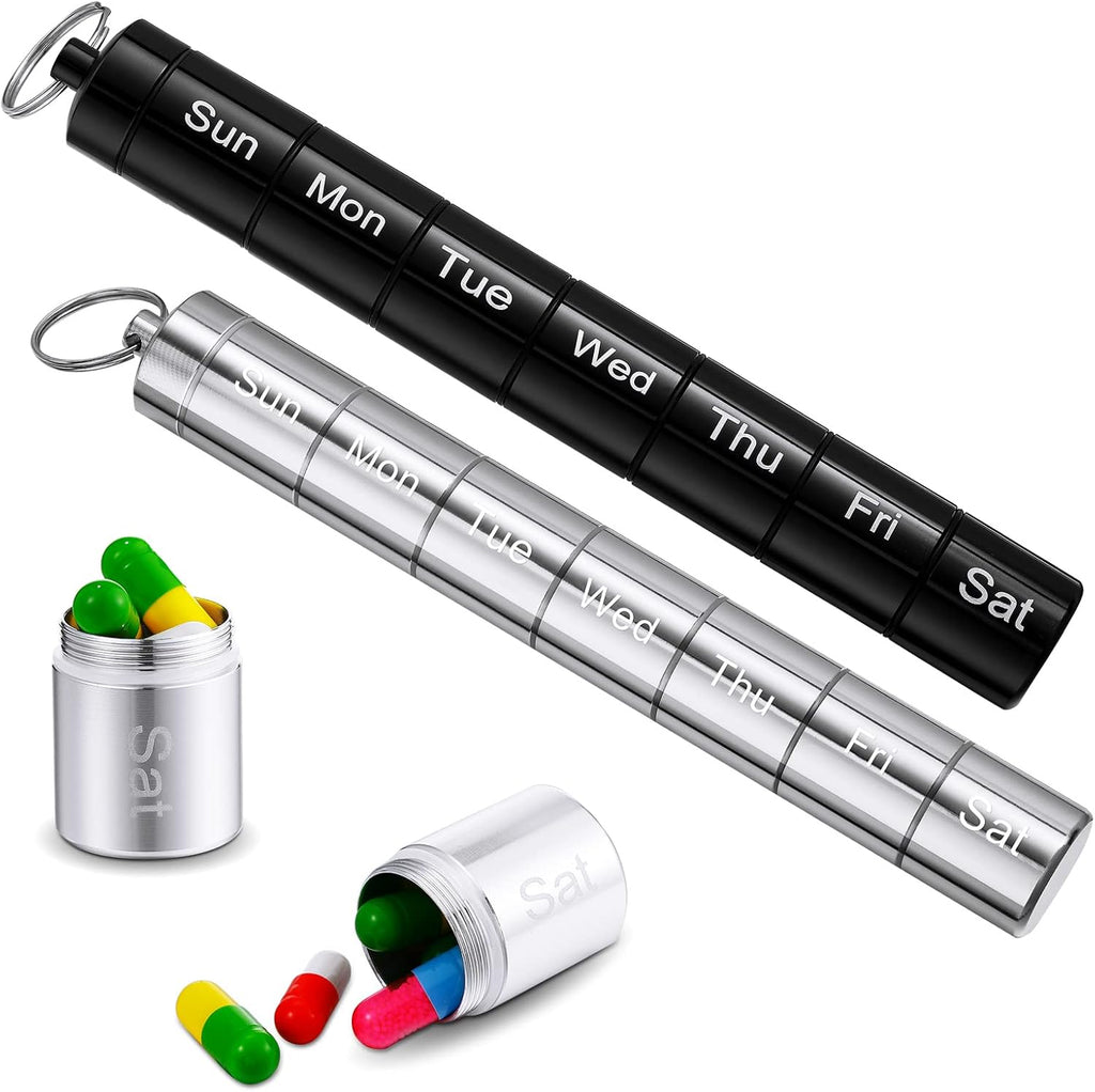 Vesici 2 Pack Metal Weekly Pill Organizer Travel Pill Container with Keychain 7 Day Weekly Waterproof Small Capsules Holder Case Box Stackable for Women Men Travel Outdoor(Black, Silver)