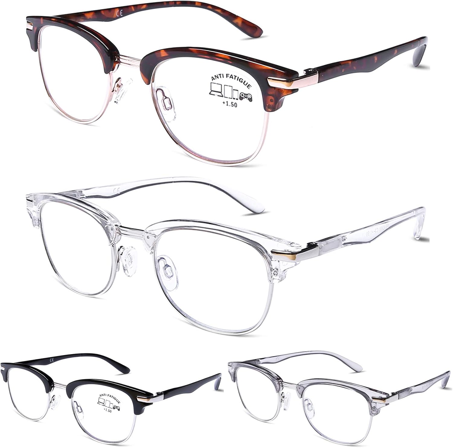 DOOViC 4 Pack Blue Light Blocking Reading Glasses Fashion & Classic Style Computer Readers for Women Men
