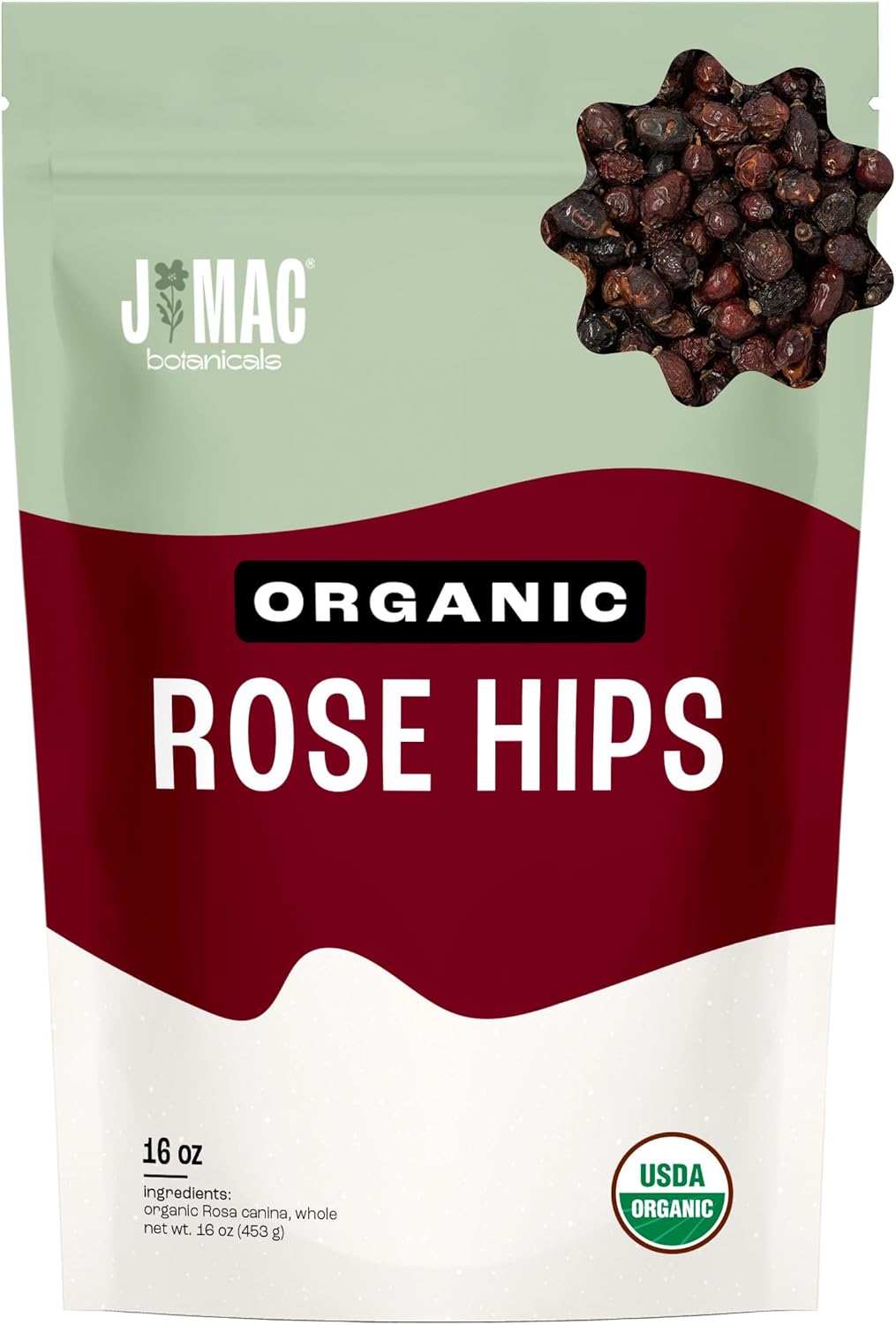 J MAC BOTANICALS Organic Rose Hips (1 lb Bag) Whole, natural dried rose hips for herbal tea, rosehips, rosehip tea, packaged in the USA