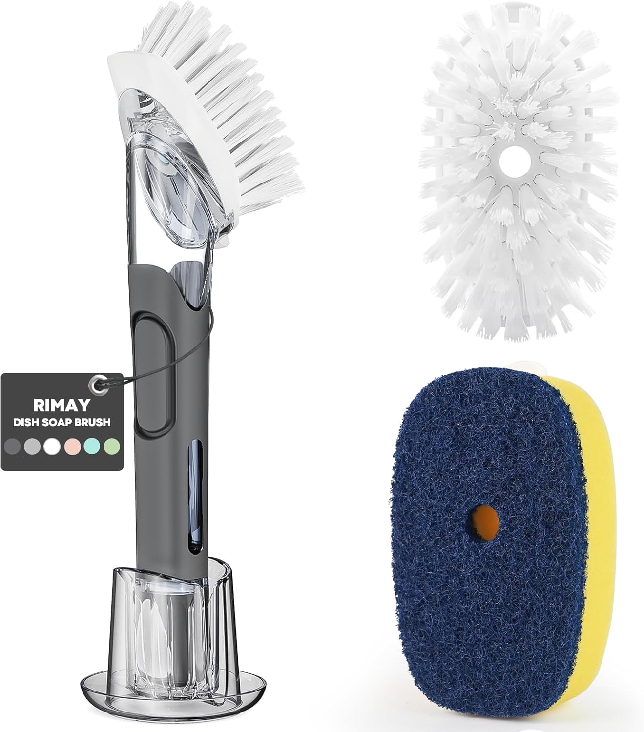 RIMAY Dish Brush with Soap Dispenser Storage Set with 2 PCS Brush Refills & Holder, Dish Scrubber with Soap Dispenser, Dish Soap Brush, Dish Wand with Soap Dispenser for Dishes, Pans, Sink, Pots