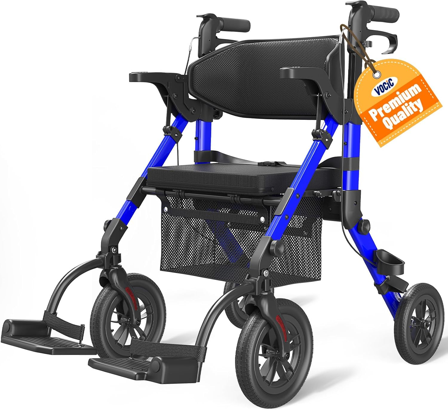 VOCIC Transport-Wheelchair-Lightweight-Foldable, Walker Wheelchair Combo, Rollator-Walkers-for-Seniors-with-Seat, 2 in 1 Rolling Walker, 300lb Adults 4 Wheel Transport Chair w/Brakes & Pouch