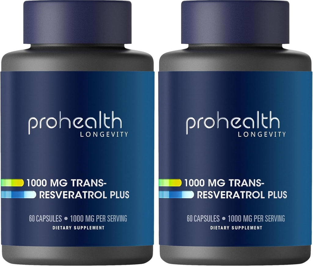 ProHealth Resveratrol 1000mg | Pure Trans-Resveratrol | Plus Quercetin, Red Wine & Green Tea Extract | Clinically Studied to Support Cellular Health, Memory, Healthy Aging | 60 Capsules (Pack of 2)