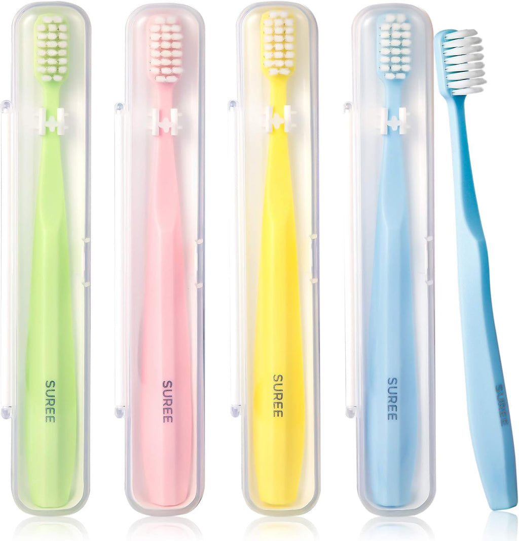 SUREE Extra Soft Toothbrush for Sensitive Teeth, Upgraded 10000 Ultra Soft Bristles for Adults & Elders, Manual Travel Toothbrush with Individual Portable Case (4 Pack)