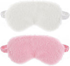 2 Pcs Plush Fluffy Eye Mask Soft Sleeping Blindfold Eye Cover Comfortable Furry Faux Fur Sleeping Mask Satin Nap Night Eyeshade Cover for Women Men Gift (White, Pink)