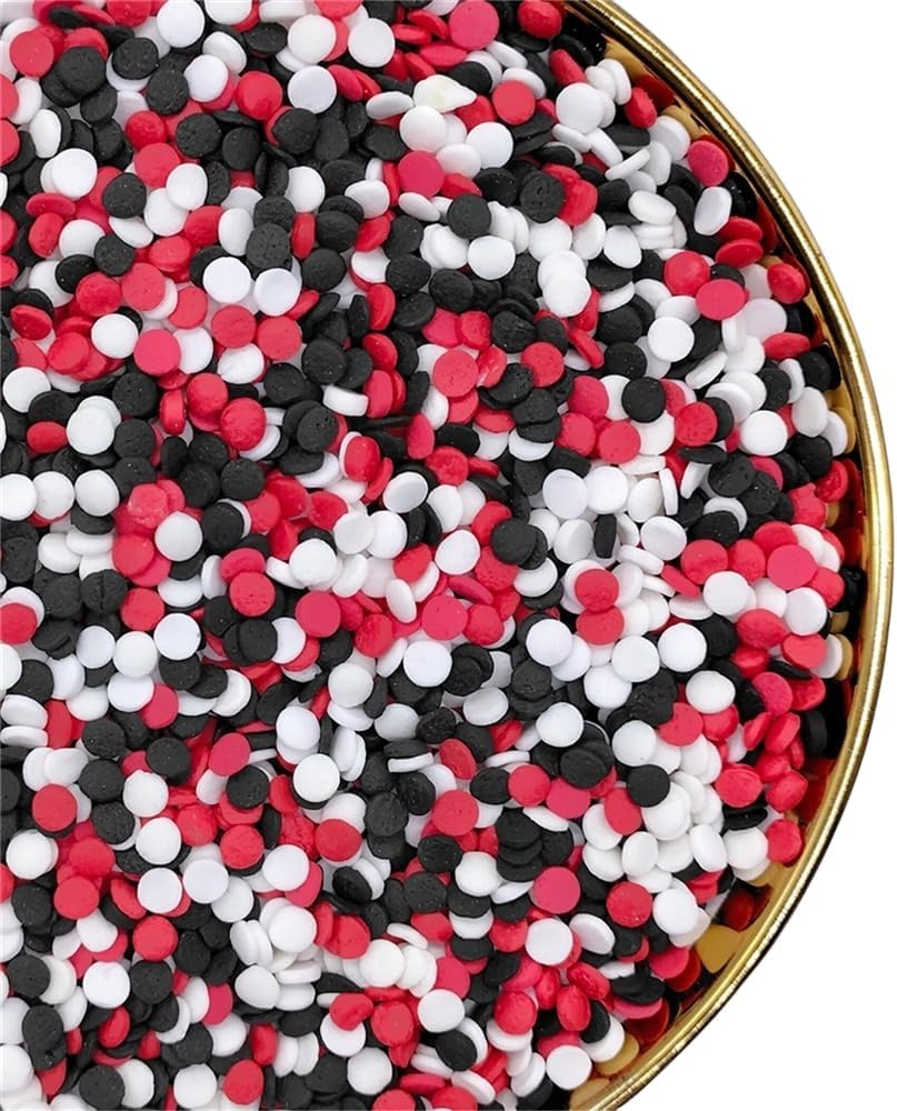 NIPEOR Rainbow Red Black Confetti Sprinkles 3.53oz/100g Edible Sprinkle Topping Round Candy Sprinkles for Cake Cupcake Decorating, Ice Cream Toppings (Rainbow Confetti Black Red)