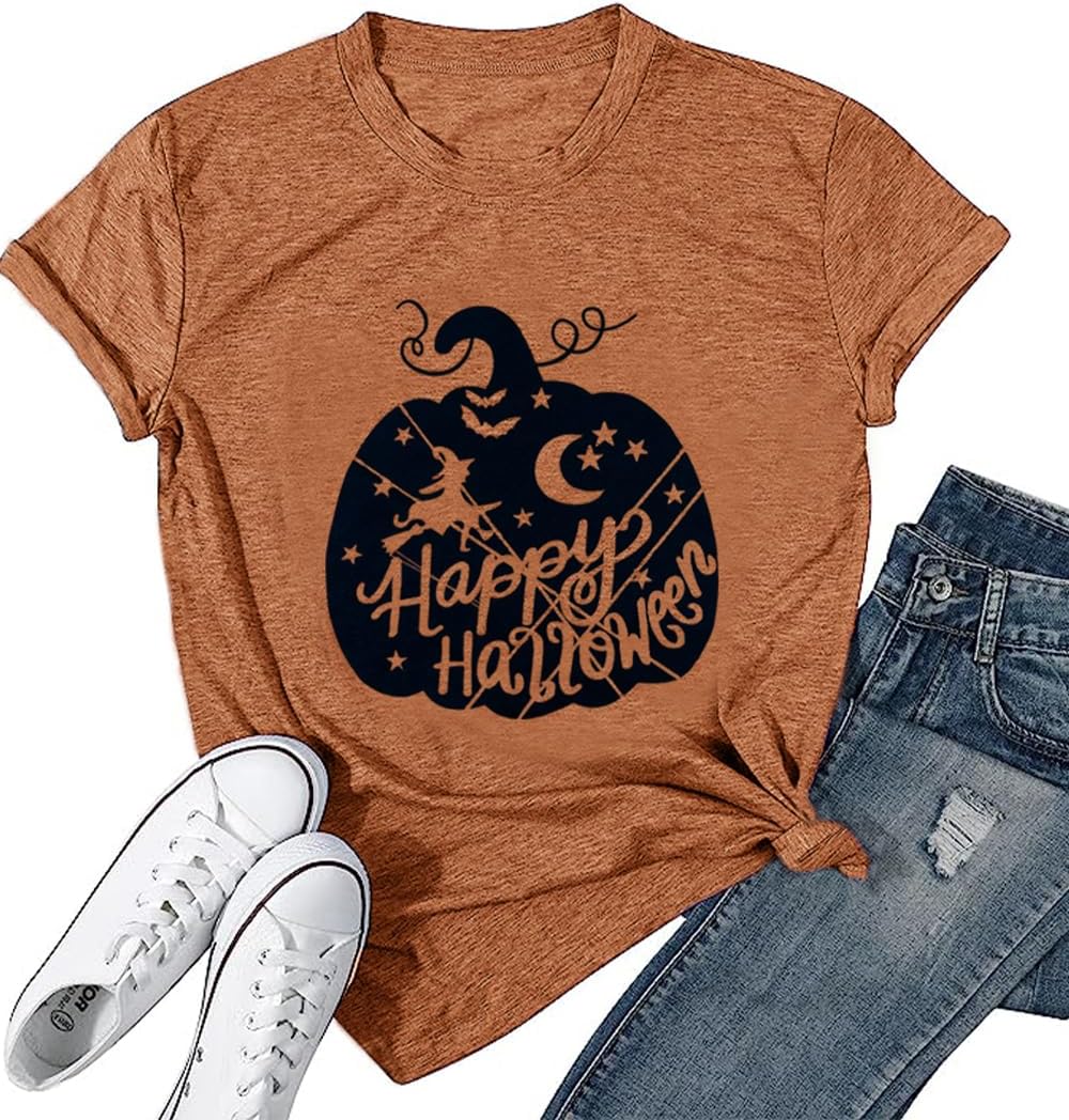 Women's Pumpkin Graphic Shirt Cute Happy Halloween Letter Print Tee Novelty Athletic Short Sleeve Tops