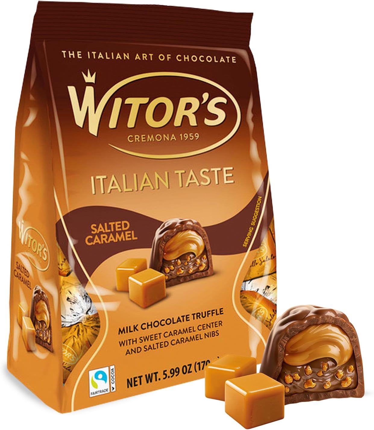 Witor's Chocolate Bags, Chocolate Truffles with Creamy Filling and Caramel Nibs, Made in Italy, Perfect for Gifting, Kosher Chocolate (5.99 Ounce, Salted Caramel)