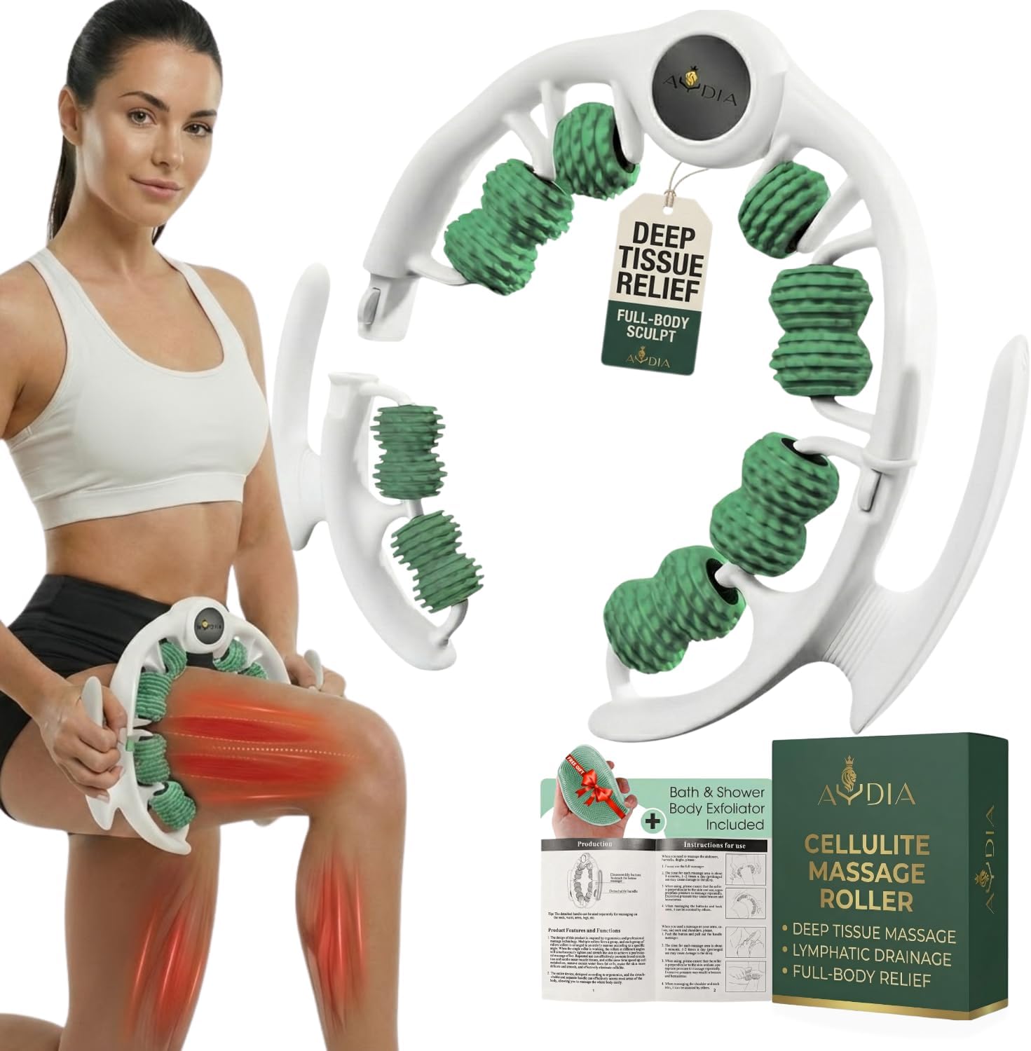 Cellulite Massage Roller, Fascia Blaster, Lymphatic Drainage Massager, Relieve Muscle Soreness, Body Sculpting Tool with Detachable Handles for Thighs, Legs, Buttocks, Gift Exfoliating Brush. (Green)