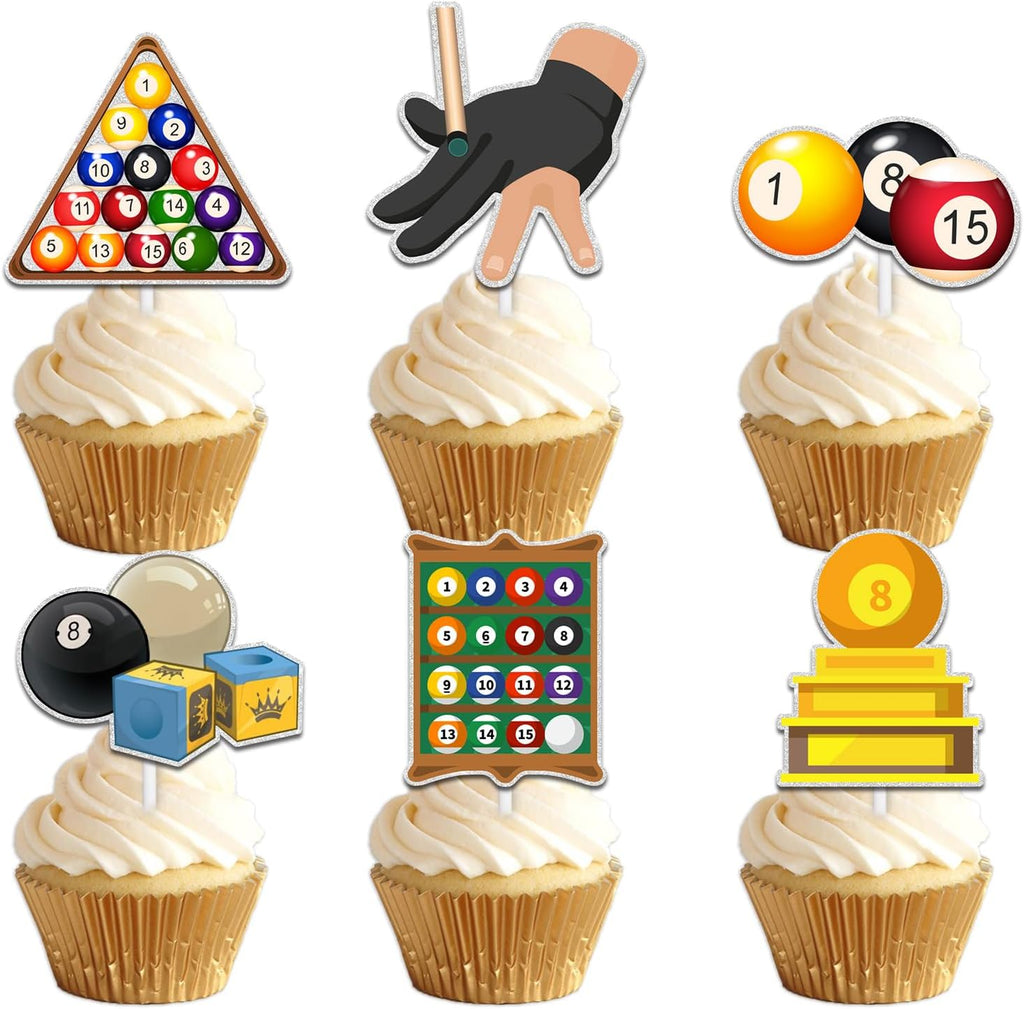Glitter Dessert Cupcake Cheer to Sport Billiards Theme Decor Supplies Men Women Boys Girls Happy Birthday Decorations set 18pcs