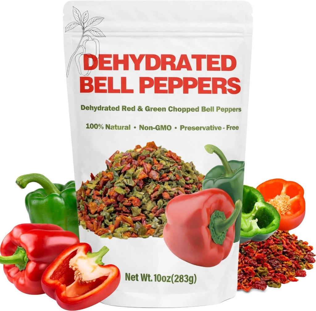 10oz Dehydrated Bell Peppers Flakes - Dehydrated Red & Green Chopped Bell Pepper, Dried Mixed Peppers for Cooking, Soup, Salad, Pasta, Stir-Fry, Omelet