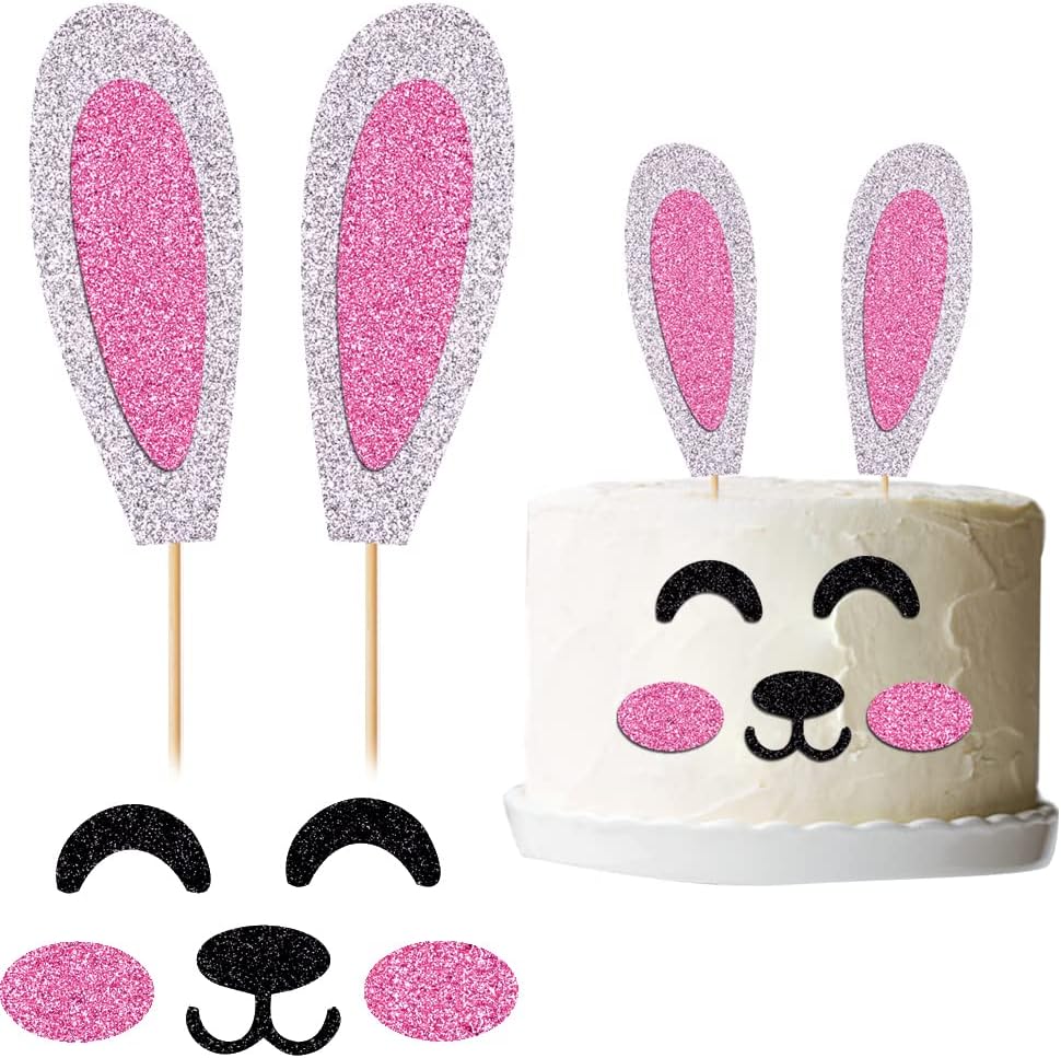 Happy Birthday Cake Topper,Bunny Ears Set Cake Decorations,Rabbit Birthday Cake Topper, Baby Shower,Birthday Party Easter Party Decoration Supplies (Bunny Ears)
