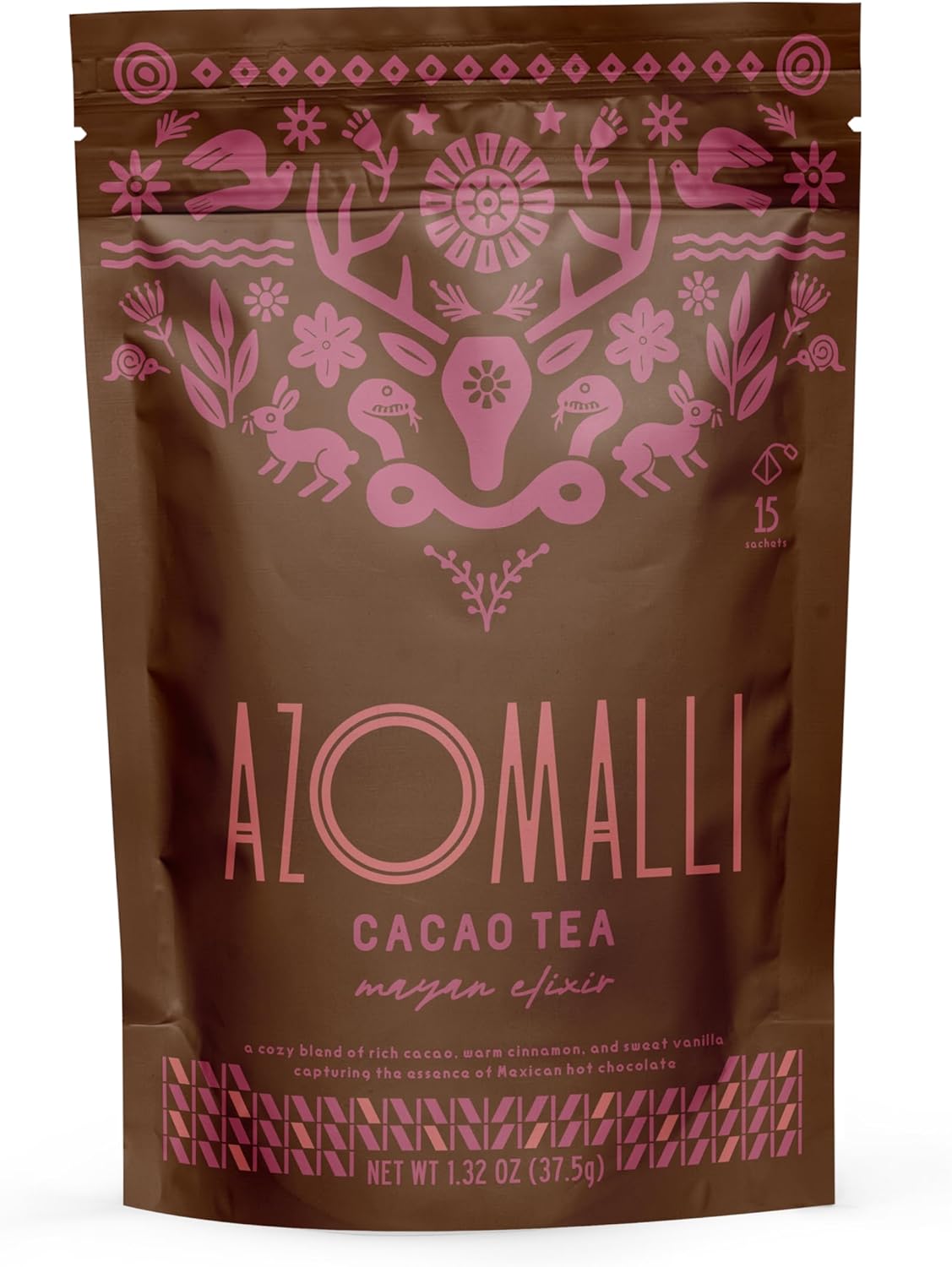 Mayan Elixir Organic Cacao Shell Tea, 15 Pyramid Sachets, Naturally Caffeine-Free, Antioxidant-Rich Herbal Tea, Non-GMO, Vegan, Non-Toxic, Food-Grade Sachets.