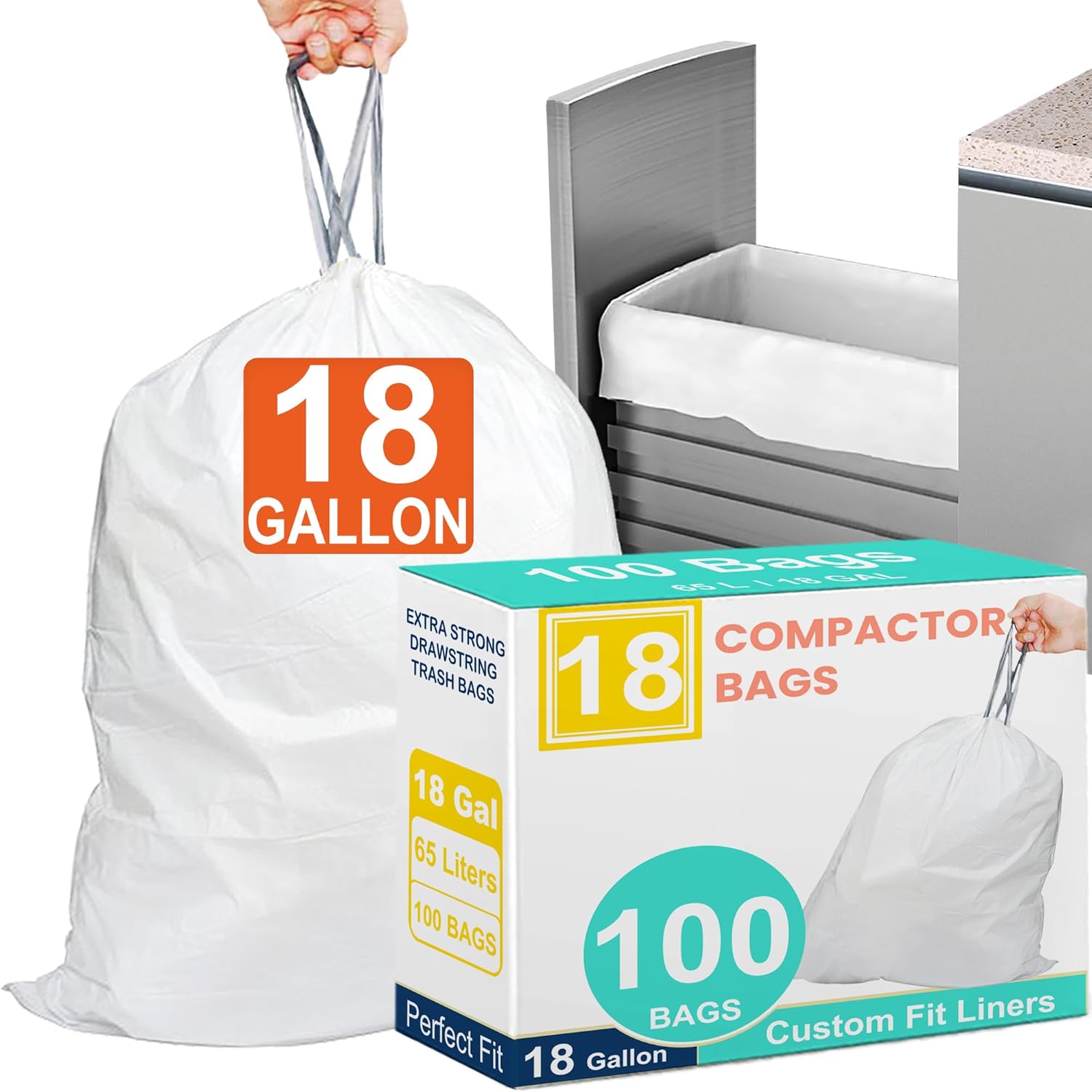 18 Gallon 100 Count Compactor Kitchen Trash Bags Heavy Duty Reinforced Drawstring 1.2 Mil THICK Fits 18 Gallon Compatible with Kitchenaid, Whirpool, GE 15 Inch Compactors Leak Resistant