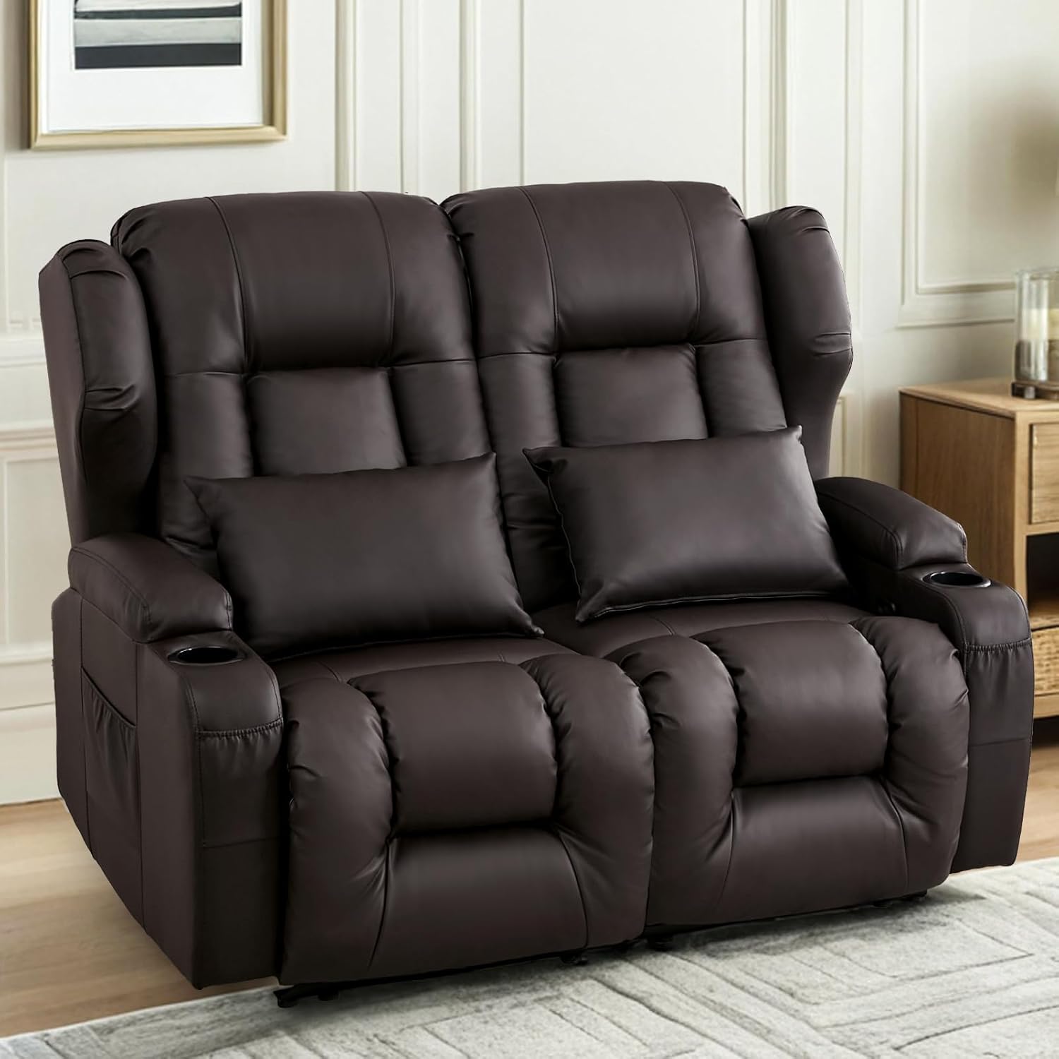 Loveseat Recliner Sofa,RV Wall Hugger Recliners for Small Spaces,Reclining Loveseat Sofa Recliner with Cup Holders/Lumbar Pillows,RV Furniture (Brown, Loveseat)