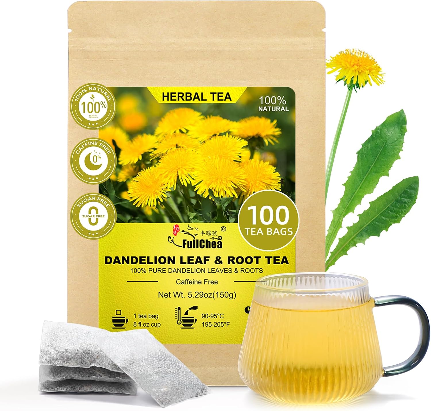 FullChea - Dandelion Leaf & Root Tea Bags, 100 Teabags, 1.5g/bag - Natural Dandelion Herbal Tea for Liver & Kidney Health - Non-GMO - Caffeine-free - Support Digestion & Boost Immune System