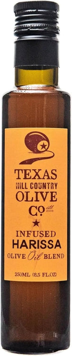 Texas Hill Country Olive Co Harissa Infused Olive Oil - Cold Pressed Gourmet EVOO Olive Oil - Great for Dressing Dipping Marinade - No Artificial Flavors or Added Sugar - Made in Texas (8.5 Fl Oz)