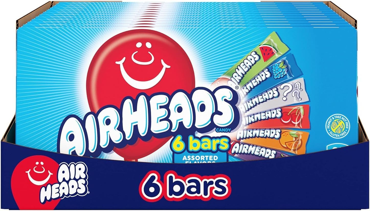 Airheads Candy Full Size Bars, Assorted Fruit Flavors Bulk Variety Pack, Individually Wrapped for Adults & Kids, Non-Melting, 6 Bars per Theater Box (Box of 12 Boxes)