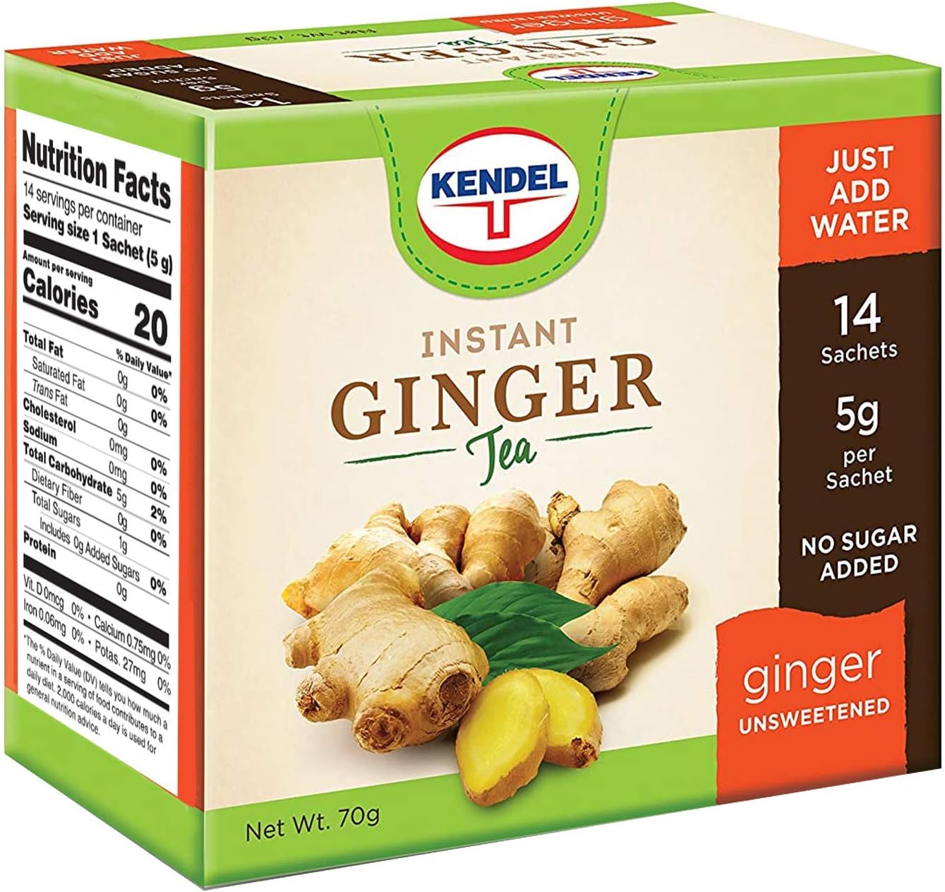 Kendel Instant Ginger Tea – Unsweetened Real Ginger Powder Drink – Caffeine Free Digestive Support – Hot or Cold Mix – 14 Sachets
