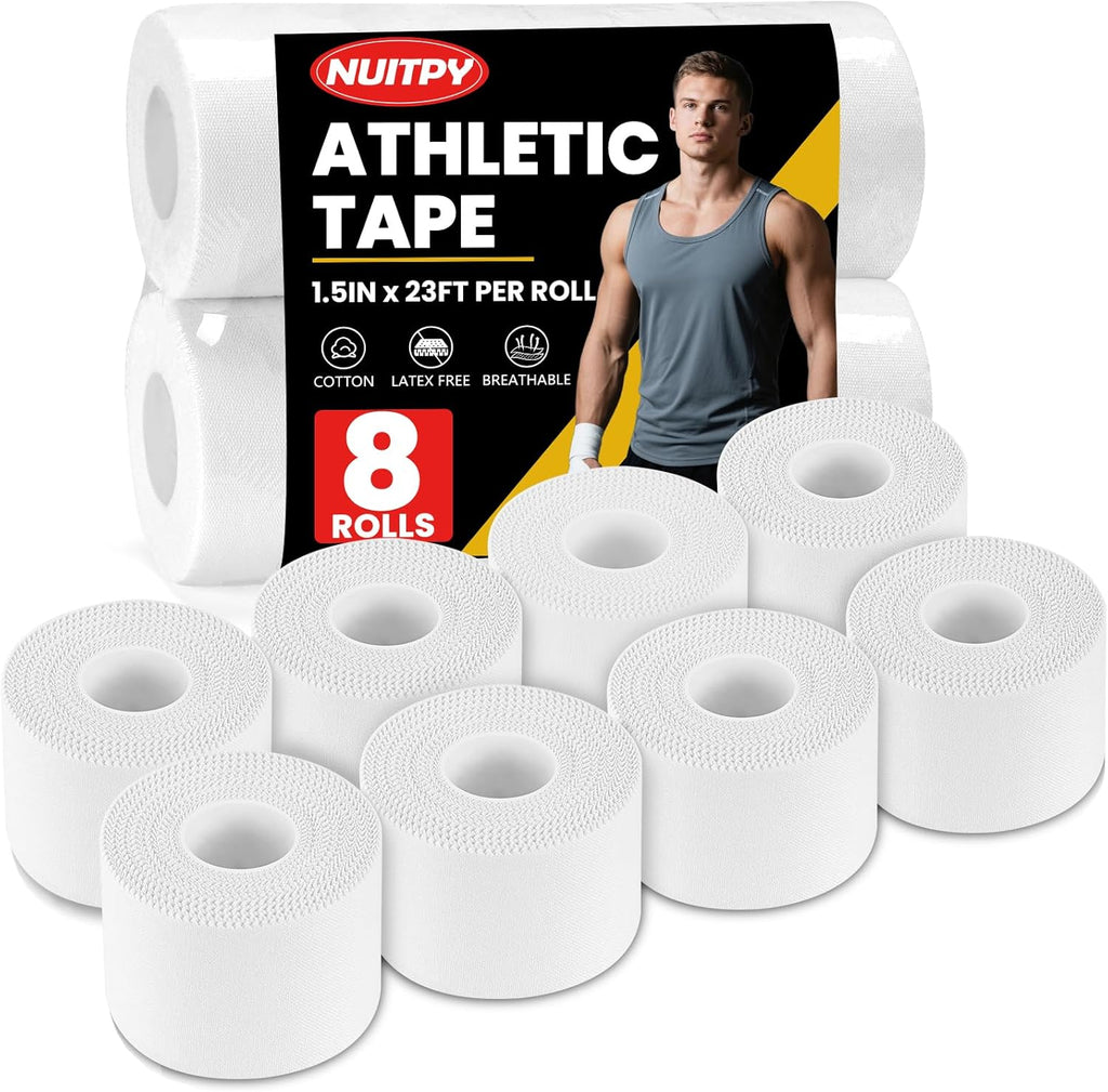 8 Pack Athletic Tape, White Sports Tape, Easy Tear Wrist Tape, Strong Adhesion Tapes for Boxing, Gymnastics, Hockey, Soccer, Lacrosse and First Aid(1.5in x 184ft Total)