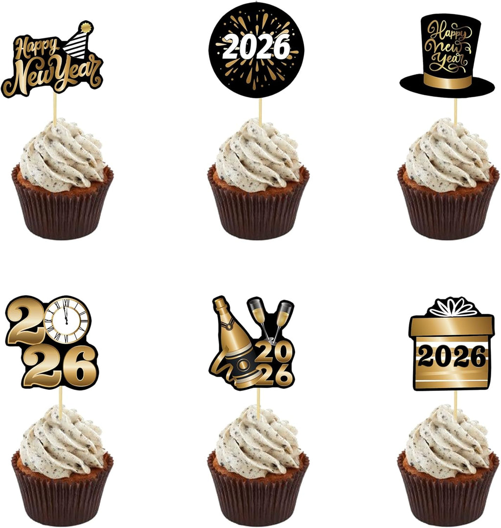 36Pcs Happy New Year Cupcake Toppers 2026 New Years Eve Party Decorations Picks Black Gold 2026 New Years Eve Party Supplies