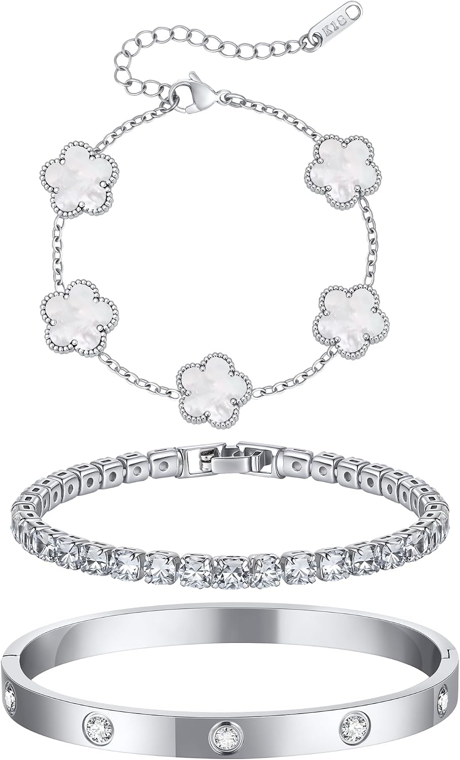 Womens Stackable Floral Silver Bracelets - 3Pcs Silver Sterling Bracelet,Stainless Steel Bangle Bracelets Non Tarnish, Stacked Bracelet Set Trendy Jewelry,Christmas Prom Birthday Gifts for Girlfriend