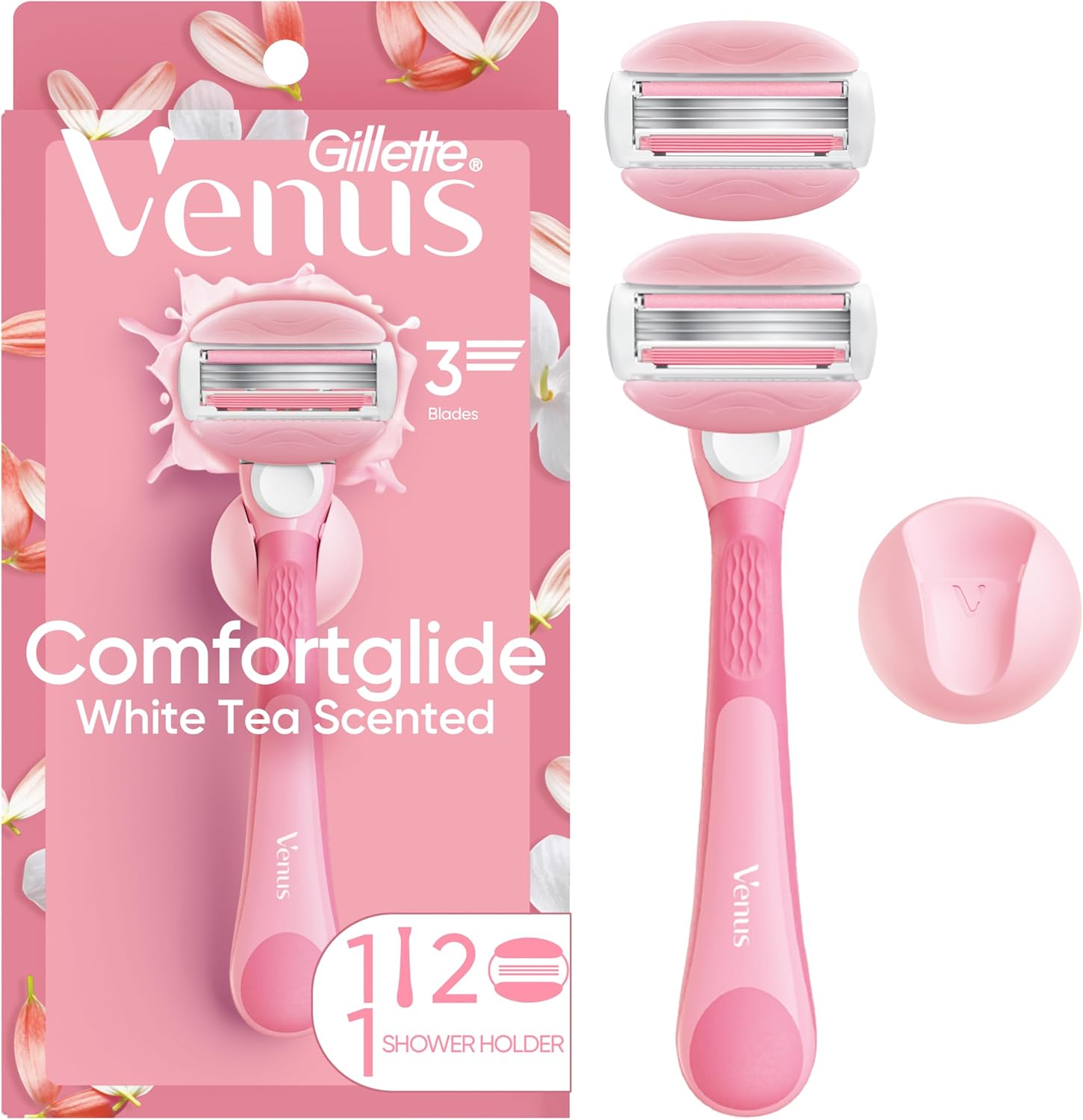 Gillette Venus ComfortGlide Razor for Women, White Tea Scented Gel Bars, Includes 1 Reusable Razor Handle + 2 Refills, Built-in Shave Gel Bars, Holiday Gifts for Women
