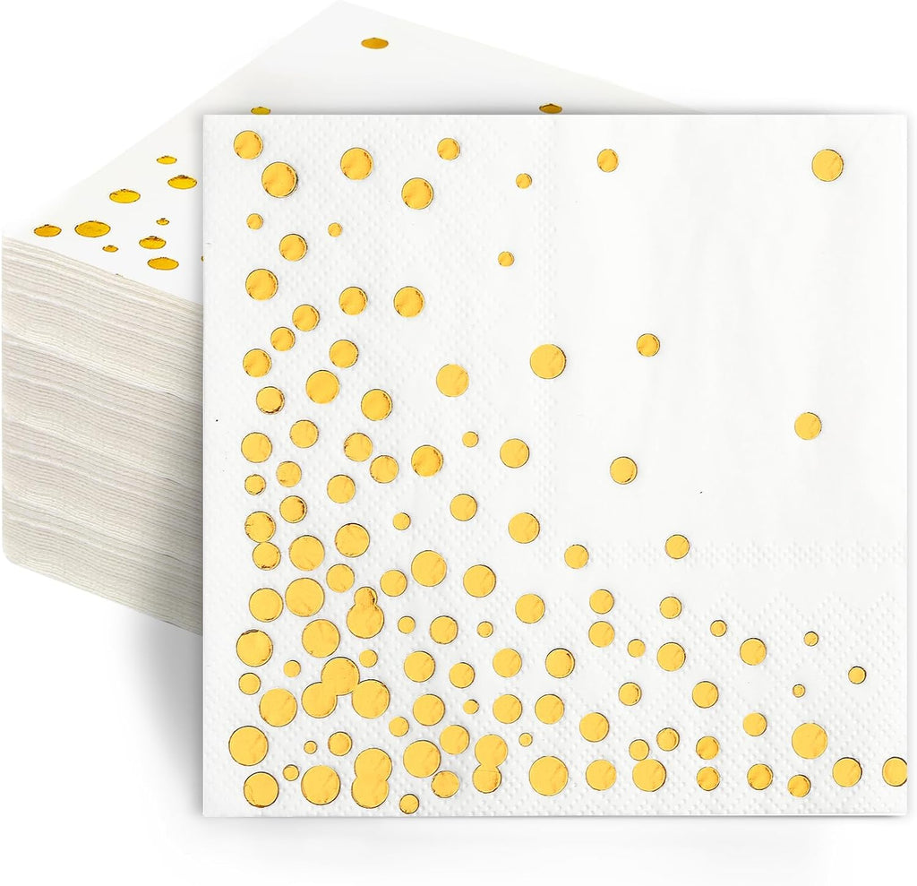 100 Pcs Gold Cocktail Napkins, 3-Ply Party Paper Napkins, 5 x 5 Inches Bar Napkin Disaposable for Weddings, Birthdays, Baby Showers, Anniversaries, and Cocktail Parties (White)