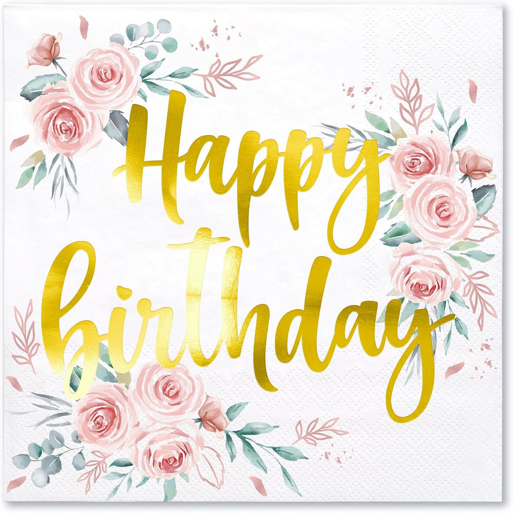 WRAPAHOLIC 50Pcs Gold Floral Happy Birthday Napkins - 3 Ply Disposable Paper Luncheon Napkin for Birthday Tableware Party Supplies - 6.5 x 6.5 In