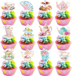 48PCS Tea Party Paper Cupcake Toppers, Floral Tea Time Tea Party Decorations, Afternoon Tea Themed Birthday Party Cake Picks for First Shower Princess Birthday Party Wedding Favors