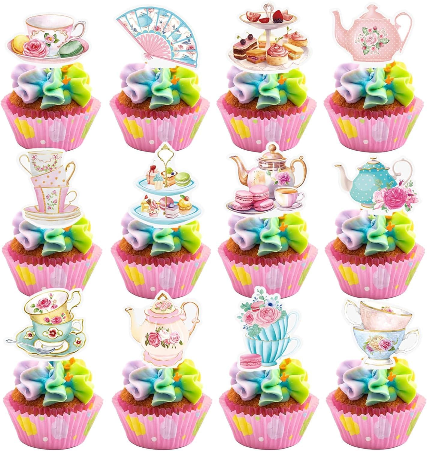 48PCS Tea Party Paper Cupcake Toppers, Floral Tea Time Tea Party Decorations, Afternoon Tea Themed Birthday Party Cake Picks for First Shower Princess Birthday Party Wedding Favors