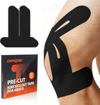 12 Pack Precut Kinesiology Tape for Knees & Shoulder, Knee Support & Stability for Sports, Waterproof & Elastic Tape for Knee Pain Relief, Breathable Hypoallergenic & Latex-Free, Black