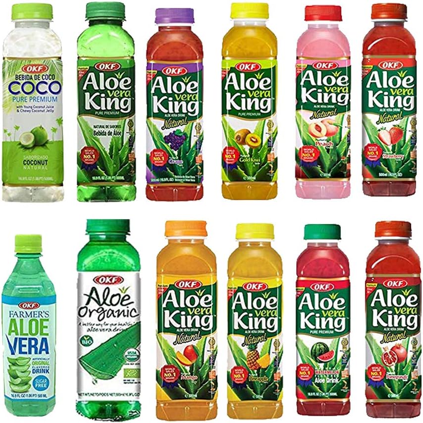 OKF Aloe Vera King Drink – Flavor includes Coco, Original, Grape, Mango, Pineapple, Watermelon, Pomegranate, Gold Kiwi, Peach, Strawberry, and Sugar Free Aloe Vera Juice (12 Flavors) (Pack of 12)