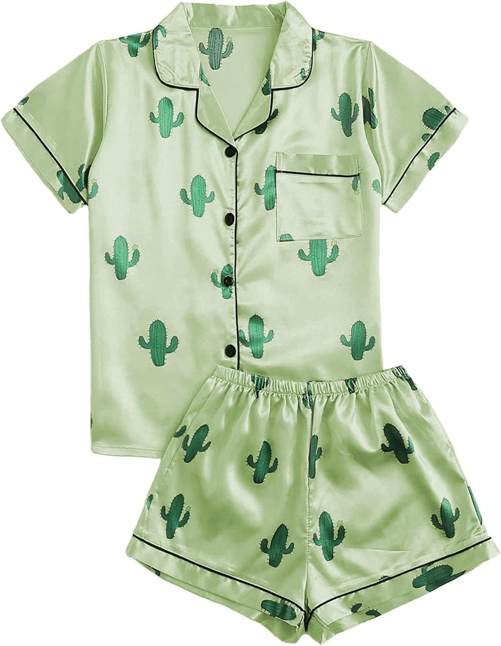 Remidoo Women's Silk Satin Pajama Set Striped Button Up Pjs Short Sleeve Loungewear