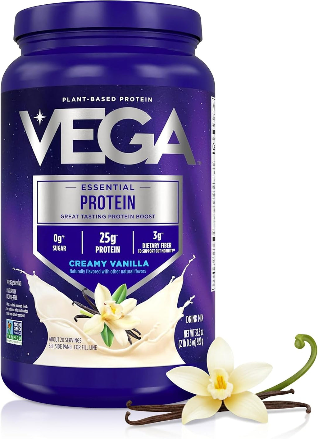 Vega Essential Protein – 25g Plant Based Protein Powder, Creamy Vanilla, Vegan for a Dairy-Free Vanilla Shake – Large Tub, 32.5oz (20 Servings)