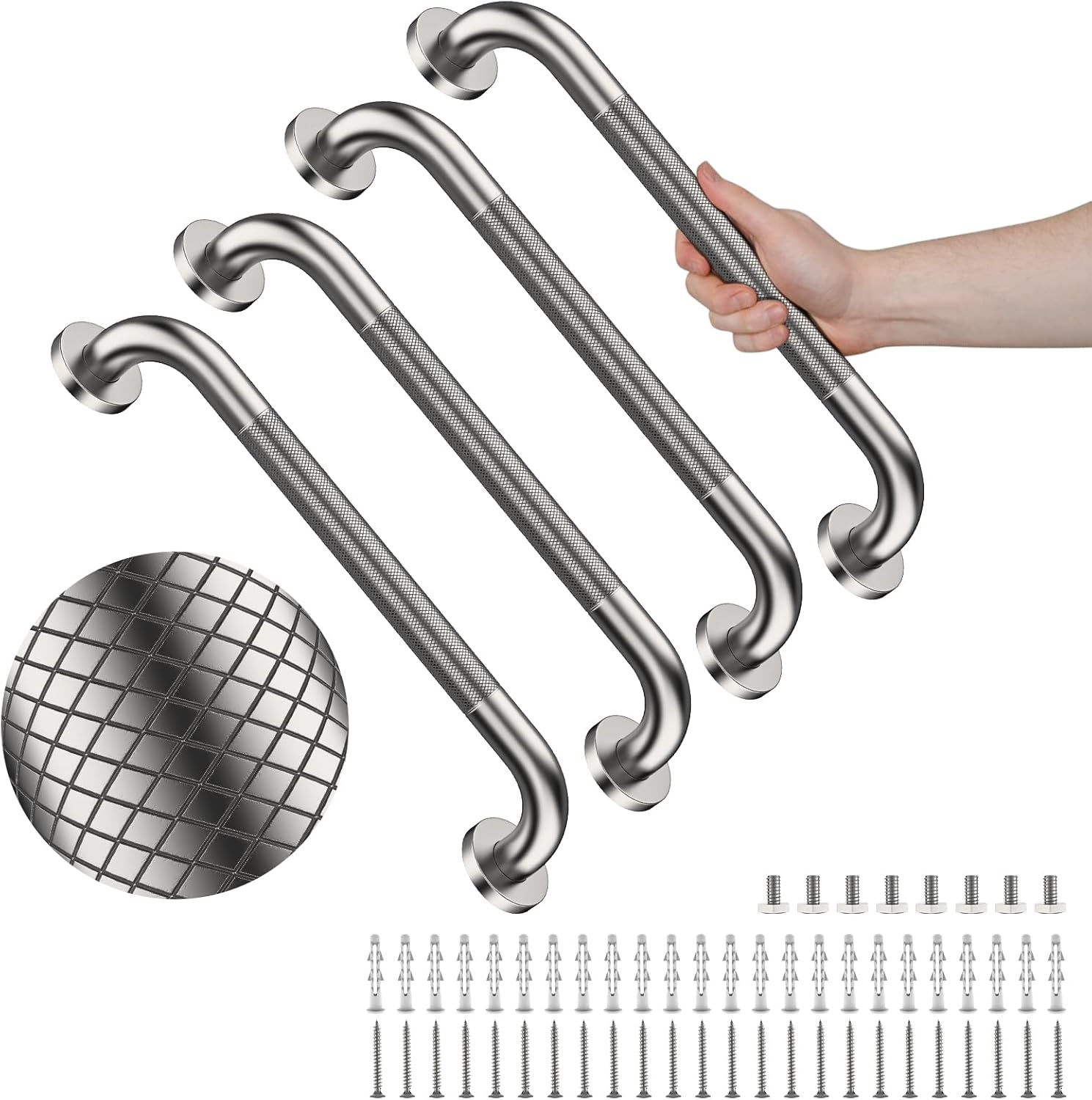 4 Pack 20 Inch Shower Grab Bar, YuanDe Brushed Nickel Bathroom Grab Bar Handle w/Anti-Slip Knurled Grip, Stainless Steel Bath Balance Bar, 1.25" Diameter Safety Hand Rail Support,Handicap Elderly