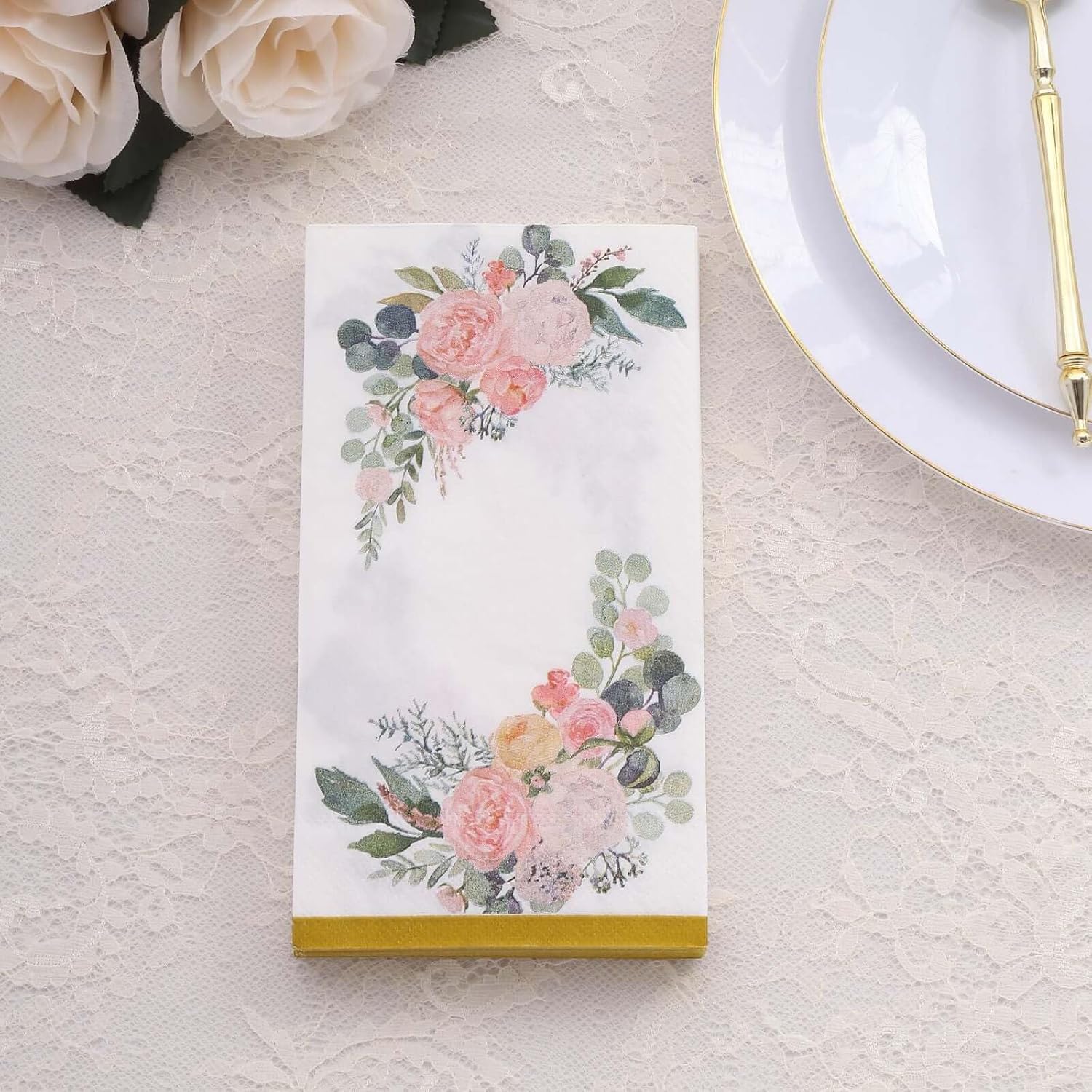 Efavormart 20 Pack White Pink Peony Flowers Print Paper Dinner Napkins with Gold Edge, Soft 2-Ply Highly Absorbent Disposable Party Napkins