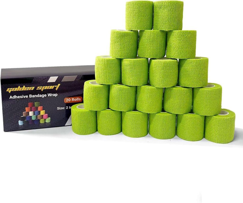 20 Pack Self Adhesive Bandage, Green Athletic Tape, 2" x 5 Yards Elastic Cohesive Bandage Wrap, Breathable Self Adherent Wraps for Thumb, Finger, Sports, Wrist, Ankle and Swelling