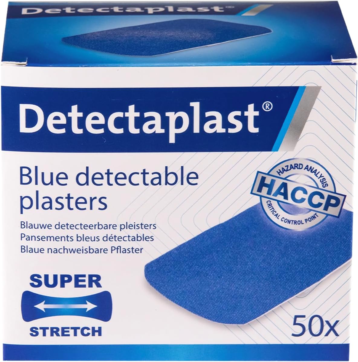 Detectaplast bandaids Waterproof Elastic, Blue Wound bandaids for handling Food, detectable bandaids for First aid Kits in the Catering Trade, 1,97 x 2,83 inches, 50 Pieces