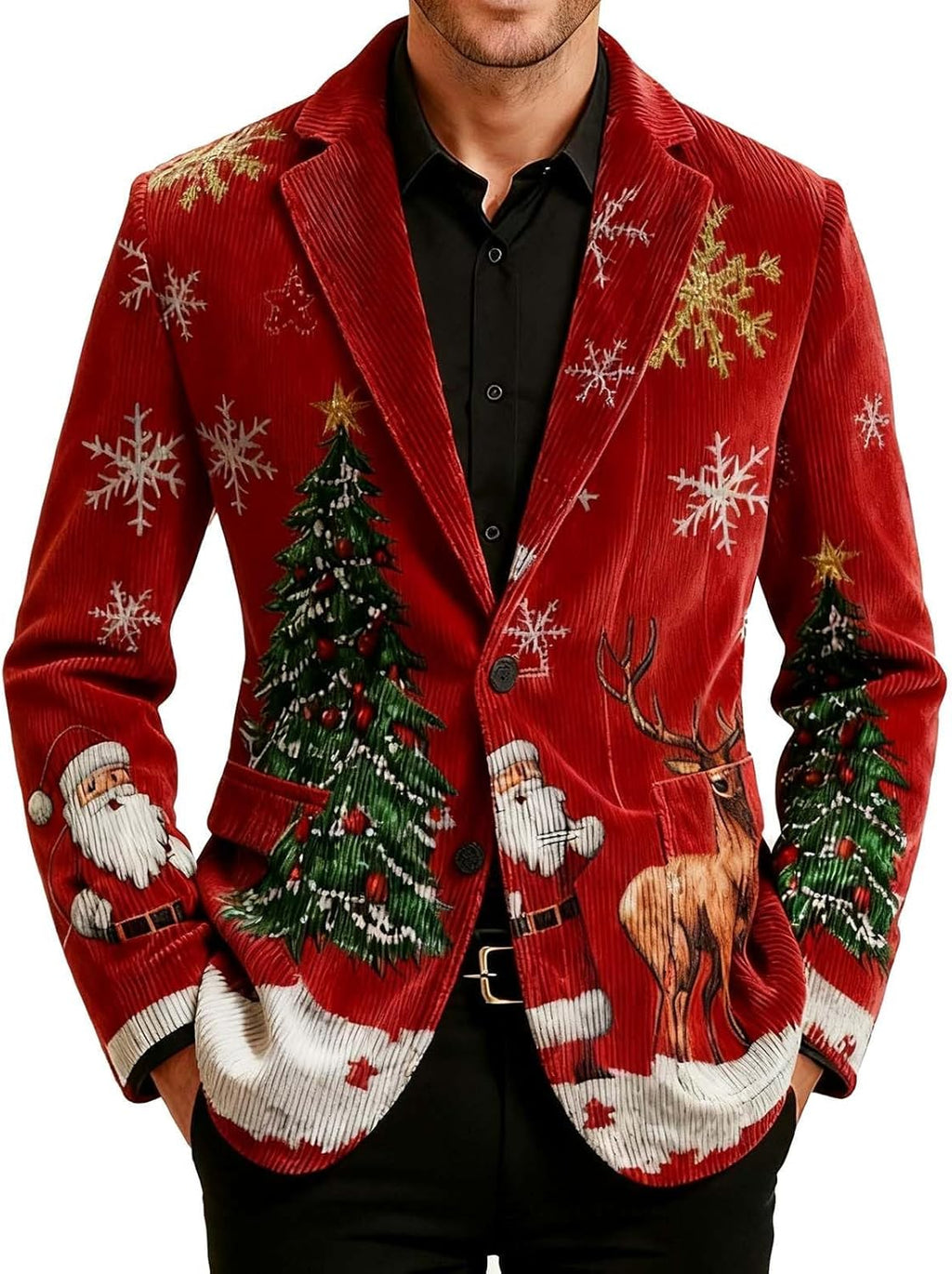 Christmas Suit for Men Lightweight Xmas Printed Corduroy Blazer Casual Button Holiday Jacket with Pockets Blazer