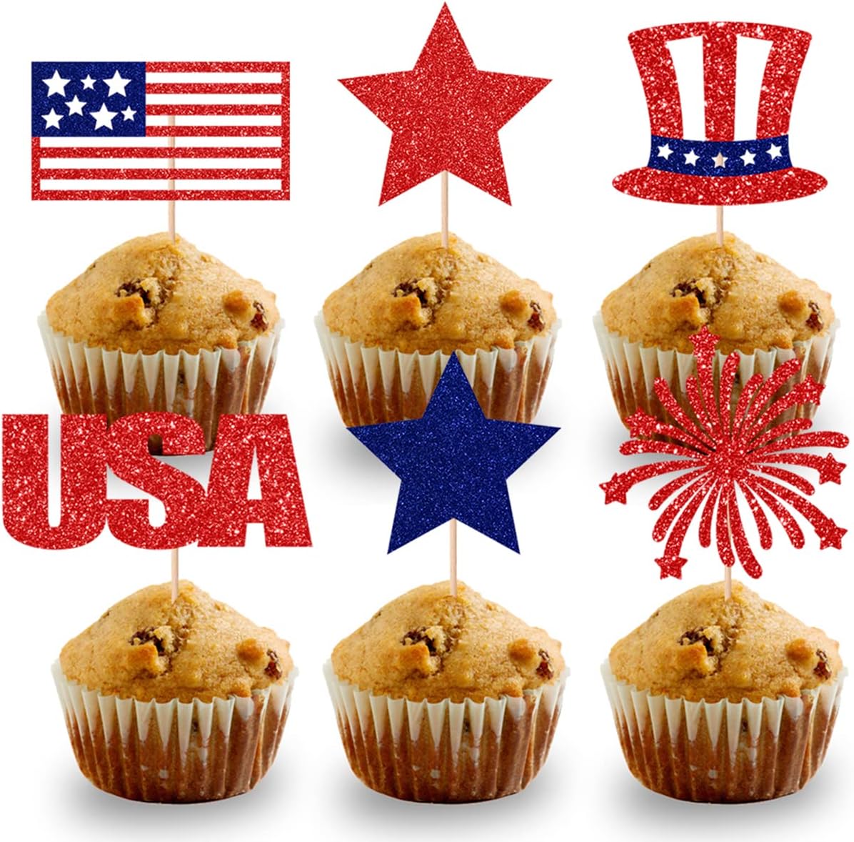 4th of July Cupcake Toppers Independence Day Cupcake Topper Glitters Patriotic Cupcake Toppers USA Flag Red Blue Star Firework Hat Picks Toothpick Toppers for July 4th Party Decorations 18pcs