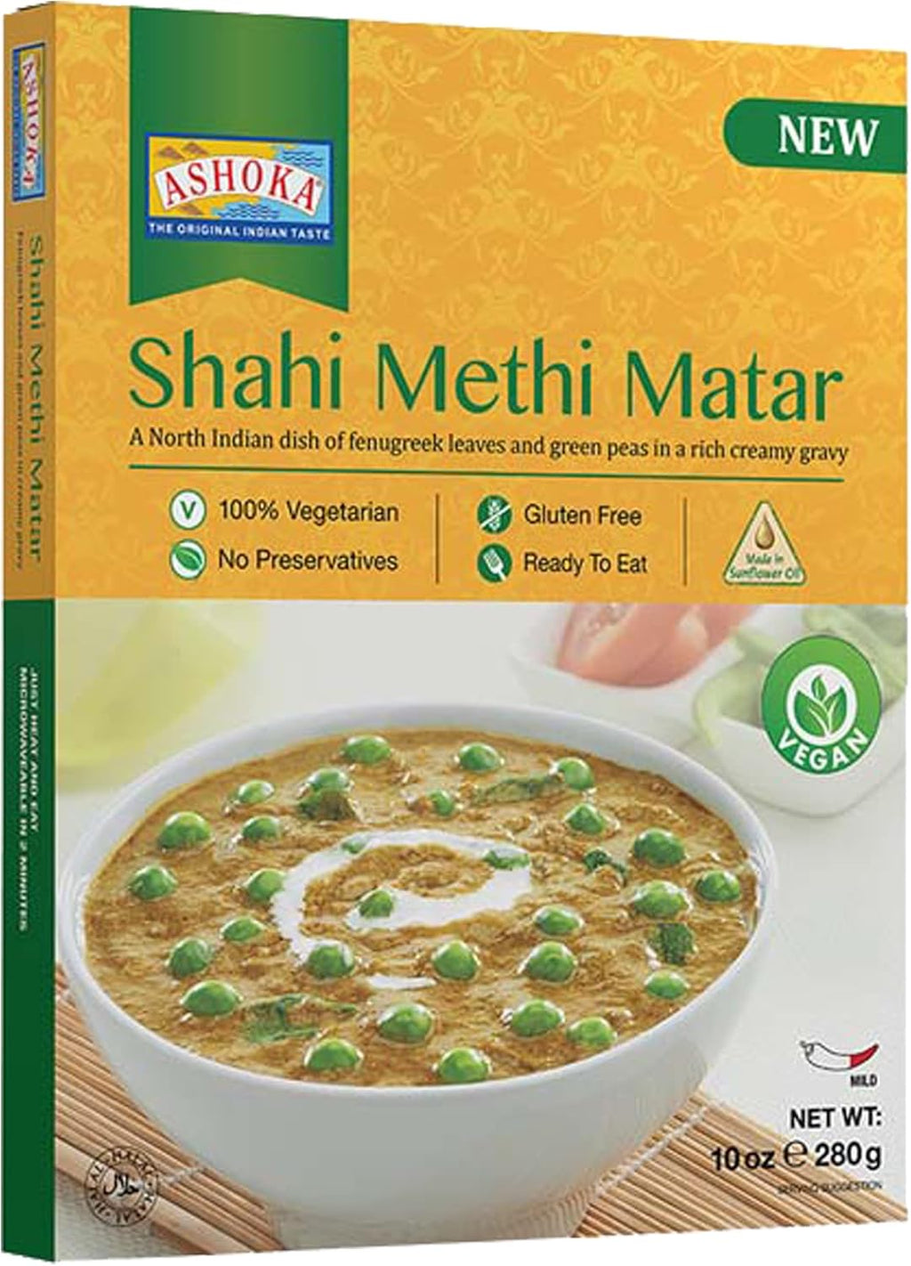 Ashoka Ready to Heat Vegan Curries 1932, Fenugreek Leaves & Green Peas, All-Natural Curry, Shahi Methi Matar, Kosher Certified, Camping Friendly Indian Food, Gluten-Free, No Preservatives, Pack of 1