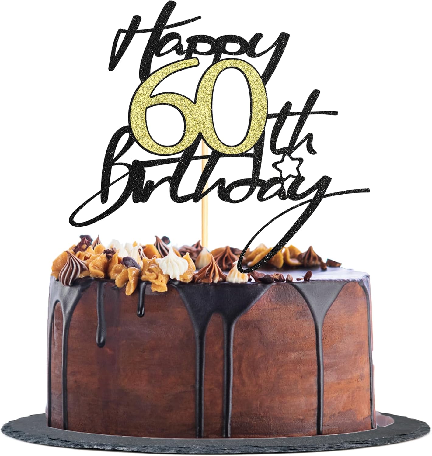 Sotpot 1 Pack 60th Birthday Cake Topper Black Gold Glitter Birthday Cake Decorations for 60th Birthday Theme Party Cake Decorations Supplies