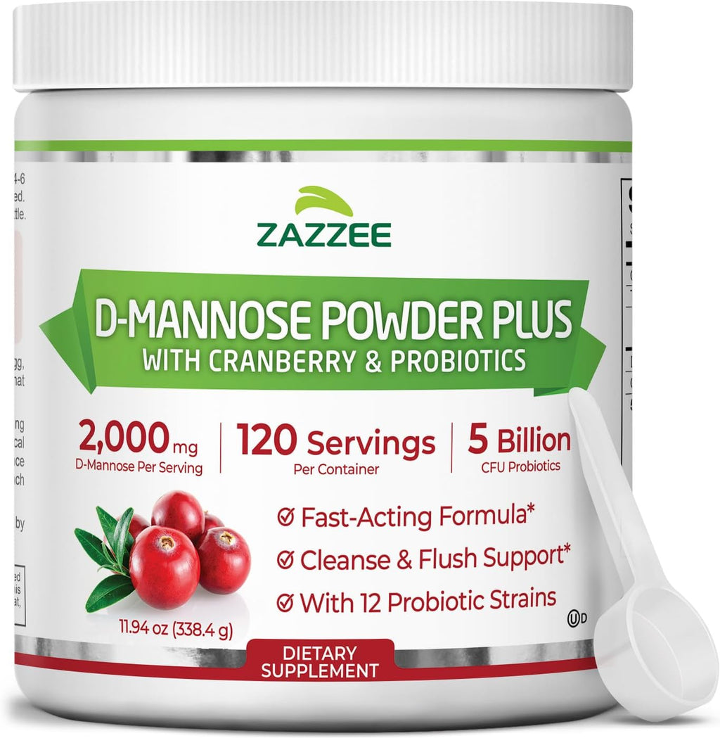 Zazzee D-Mannose Powder Plus, 2000 mg, 120 Servings, Plus 5 Billion CFU Probiotics and Pure Cranberry Juice Extract, Certified Kosher, Free Scoop, 11.94 oz, Urinary Tract Support, Non-GMO