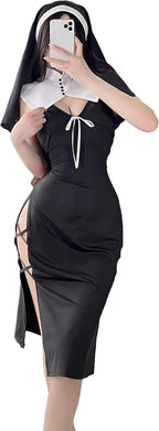 JasmyGirls Cosplay Lingerie Sexy Nun Costume Naughty Anime Devil Roleplay Maid Outfit Halloween Goth High Slit Dress Up Nightgowns